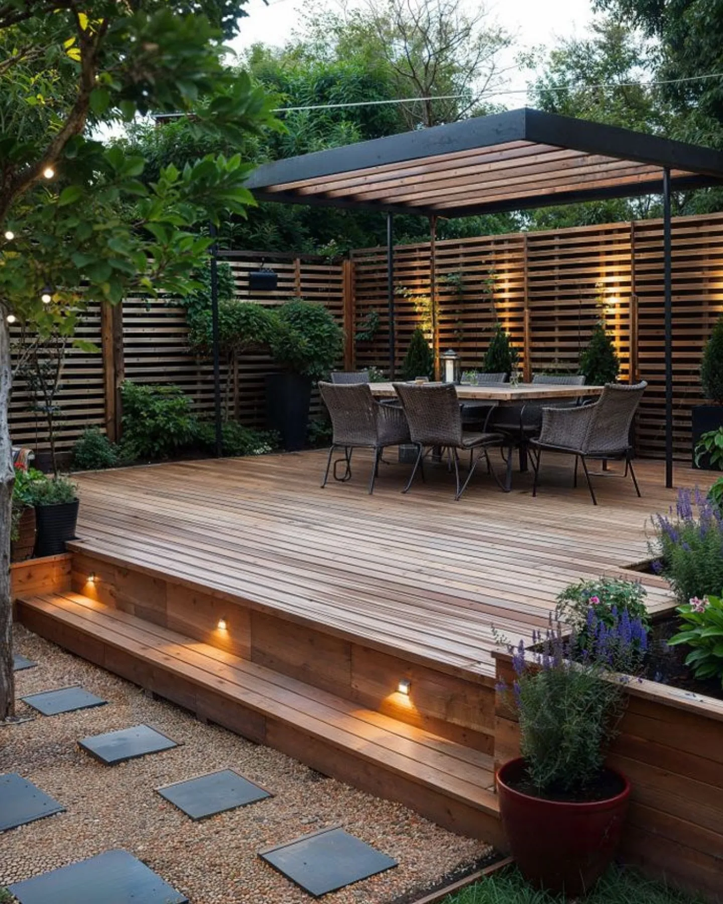 This deck landscaping setup with built-in privacy screens and layered planting shows how you can create a secluded outdoor space without feeling boxed in. The horizontal slatted screens give instant privacy (great for overlooked gardens), while the mix of evergreen shrubs and potted plants keeps things low maintenance year-round. Gravel pathways and simple step lighting around the deck soften the edges and make the space feel finished without adding extra lawn to mow. This approach works especially well for small backyards or urban gardens where privacy and structure matter just as much as the deck itself — and it proves that smart landscaping can do a lot of the heavy lifting without blowing the budget.